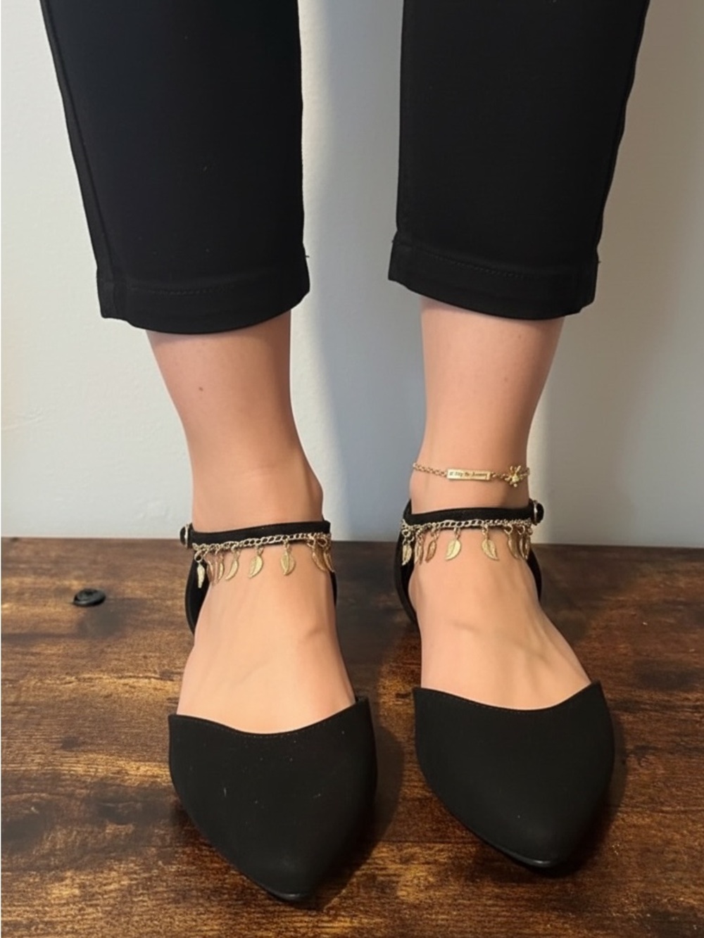 Women's Black D'Orsay Flats with Gold Ankle Leaf Charms.